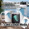 White mug, black tumbler, and water bottle with Pyraminid Lake map design.