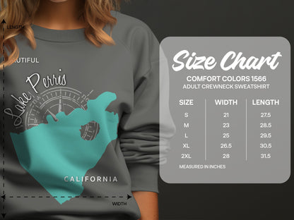 Lake Perris California sweatshirt with size chart.
