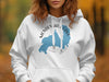White hoodie with Mendenhall Lake Alaska map graphic and compass rose.