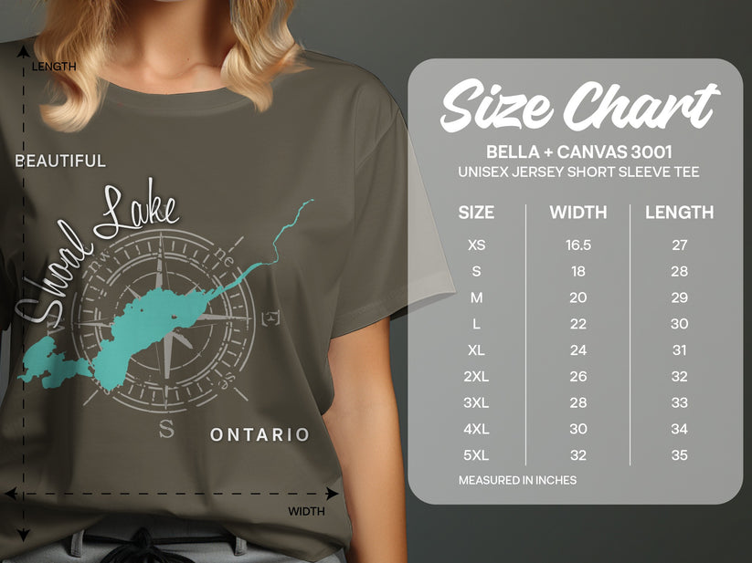 T-shirt size chart with Lake Shoal Ontario graphic and measurements.