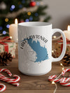 White mug with blue Lake Lawtonka, Oklahoma map and compass design.