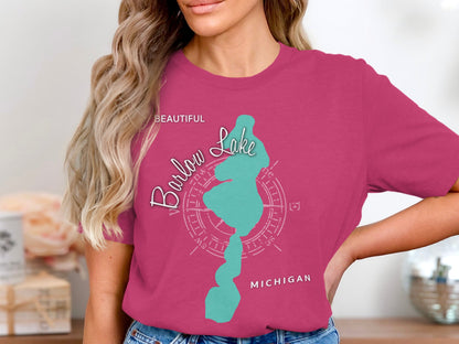 Pink t-shirt with Barlow Lake Michigan map and compass graphic.