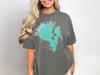 Gray t-shirt with turquoise Sebago Lake, Maine map graphic and compass rose.