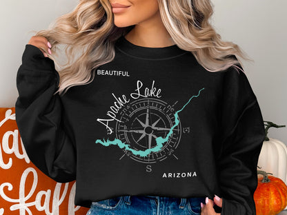Black sweatshirt with "Beautiful Apache Lake Arizona" and compass rose design.