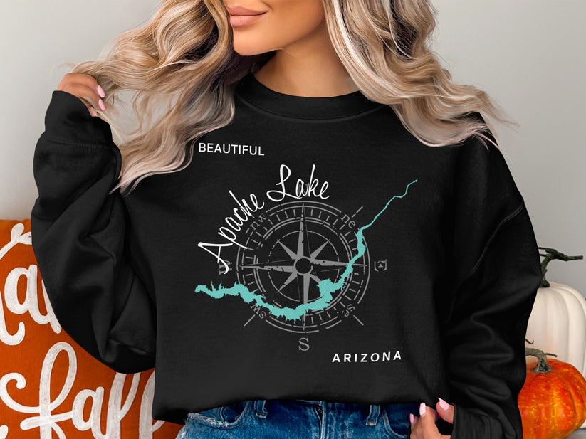 Black sweatshirt with "Beautiful Apache Lake Arizona" and compass rose design.