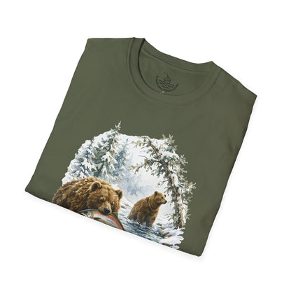 Kodiak Winter Brown Bear Fishing T-Shirt | Wildlife Salmon Catch Nature Lover Tee | Rustic Forest Animal Art Gift Shirt