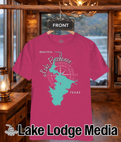 Pink t-shirt with "Lake Buchanan Texas" map graphic and compass rose.