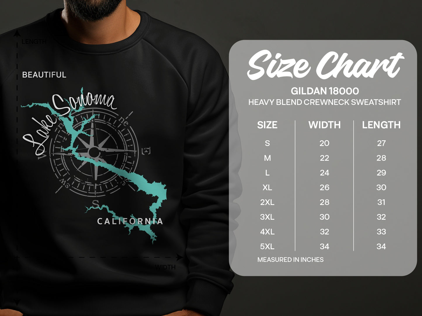 Lake Sonoma graphic on a black crewneck sweatshirt with a size chart.