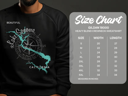 Lake Sonoma graphic on a black crewneck sweatshirt with a size chart.