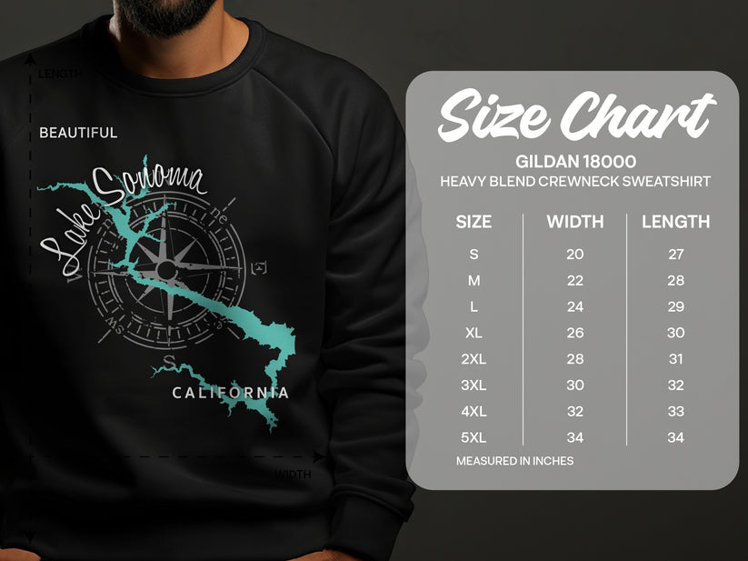 Lake Sonoma graphic on a black crewneck sweatshirt with a size chart.