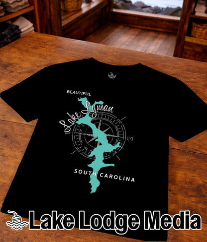 Black t-shirt with teal compass graphic and "Beautiful Lake Lyman South Carolina" text.