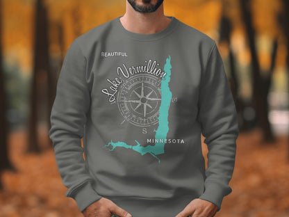 Grey sweatshirt with Lake Vermilion Minnesota map and compass design.