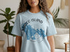 Light blue t-shirt featuring a blue map of Marco Island, Florida with a compass rose.