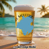 Glass of beer on a beach with "Lake Moultrie" text and a blue map outline.
