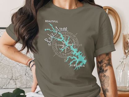 T-shirt with a teal lake graphic and compass rose, reading "Lake Anna Virginia".