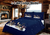 Navy blue bedding features whimsical fishing holiday scene with bear, tree, and lights.