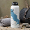 White water bottle with blue lake map graphic and text "LAKE".