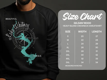 Gildan 18000 sweatshirt size chart with Lake Whitney graphic.