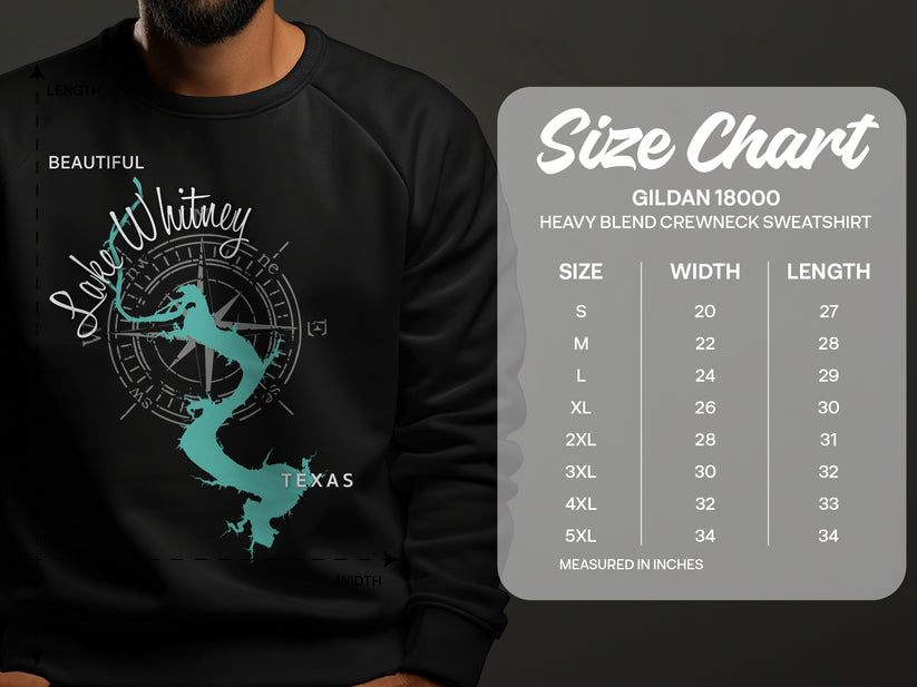 Gildan 18000 sweatshirt size chart with Lake Whitney graphic.