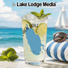 Glass with beverage, lime, mint, and Lake Michigan map graphic on beach background.