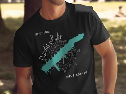 Black t-shirt featuring a teal outline of Sardis Lake, Mississippi, with a compass rose.