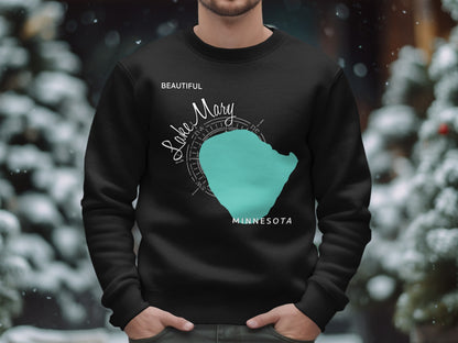 Black sweatshirt with Lake Mary Minnesota map and compass design.