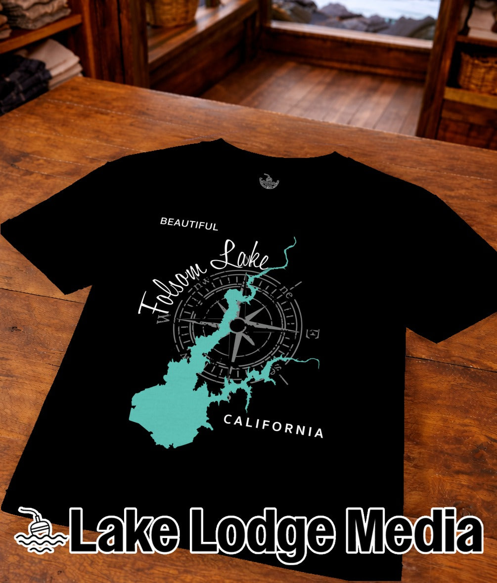 Black t-shirt with Folsom Lake map and compass graphic, "Lake Lodge Media" text.