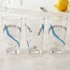 Three clear glasses featuring Skaneateles Lake map design and compass rose.