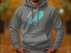 Grey hoodie with teal Sand Lake Ontario map and compass graphic.