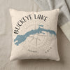 Buckeye Lake Ohio map and compass design on a cream throw pillow.