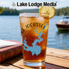 Iced tea in a glass with a map of Lake Jocassee, garnished with lemon.