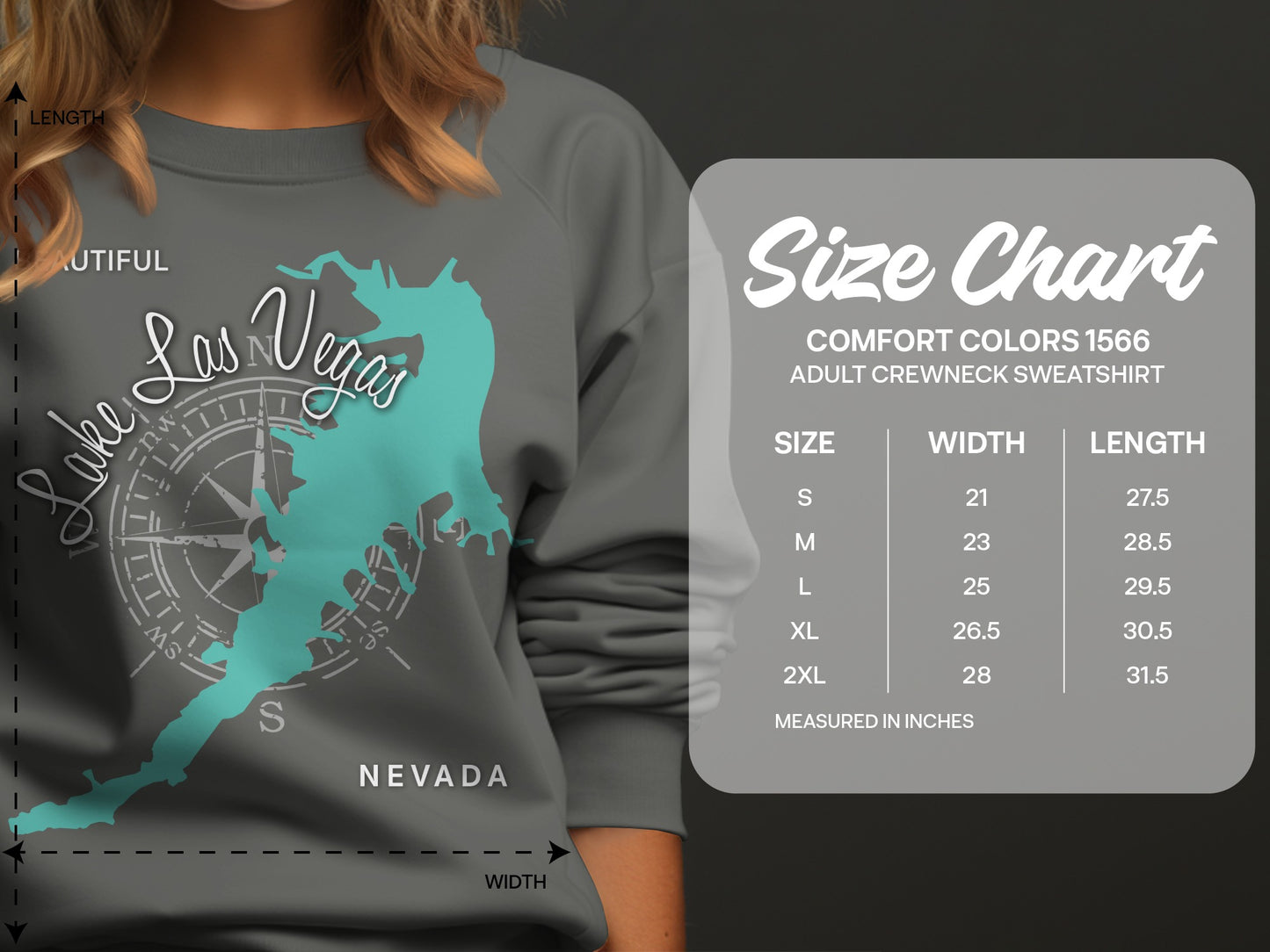 Comfort Colors 1566 sweatshirt size chart with Las Vegas graphic.