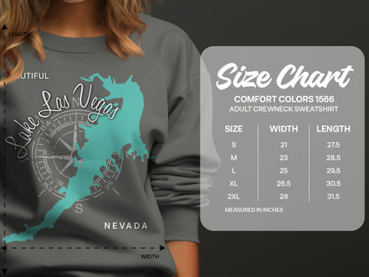 Comfort Colors 1566 sweatshirt size chart with Las Vegas graphic.