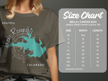Bella + Canvas 3001 unisex t-shirt size chart with Lake Rampart design.