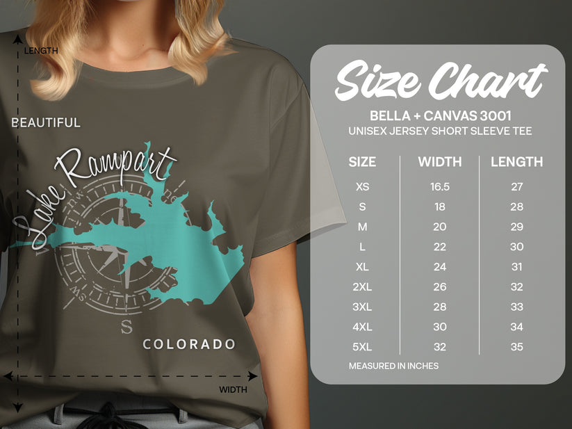 Bella + Canvas 3001 unisex t-shirt size chart with Lake Rampart design.