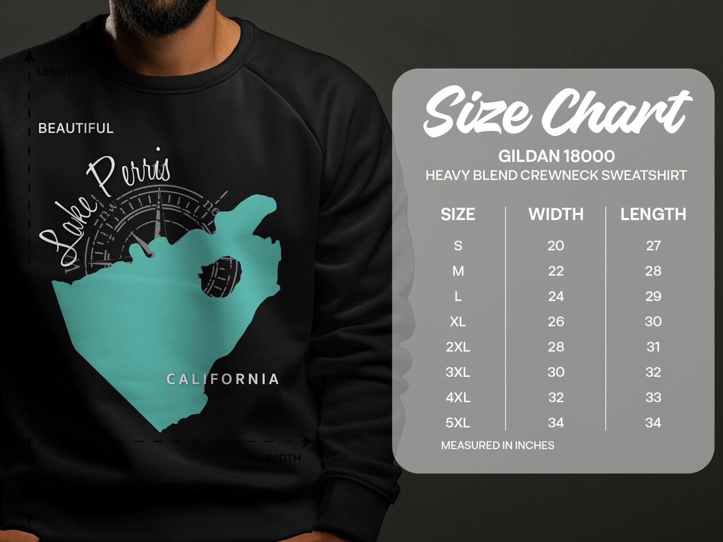 Lake Perris California graphic on black sweatshirt size chart