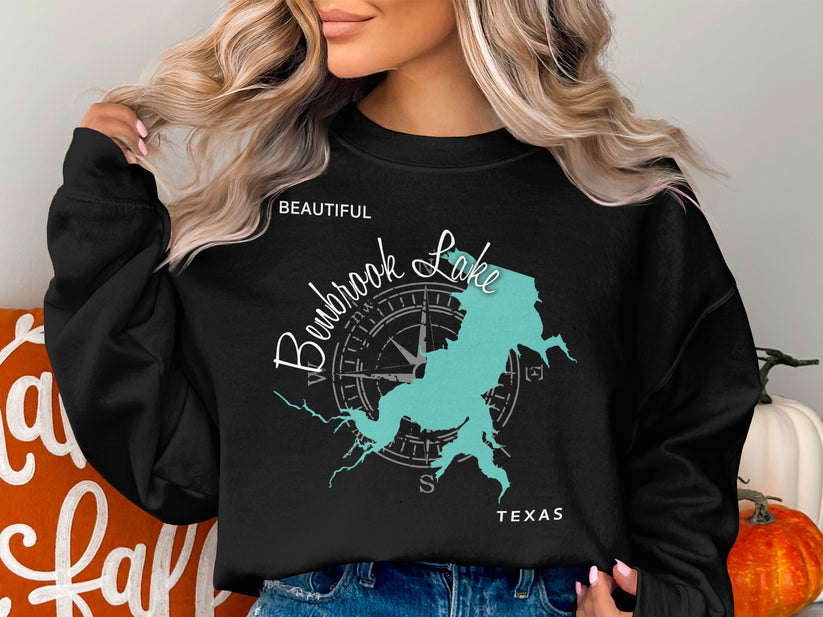 Black sweatshirt with teal map of Brook Lake, compass, and "Texas" text.