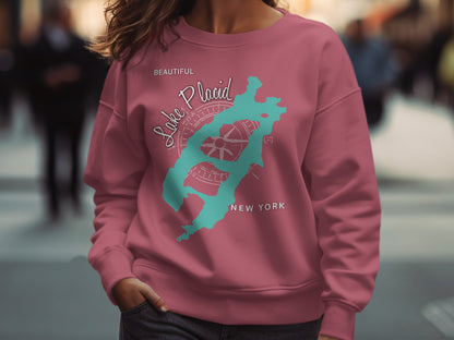 Maroon sweatshirt with teal "Lake Placid" text and compass rose graphic.