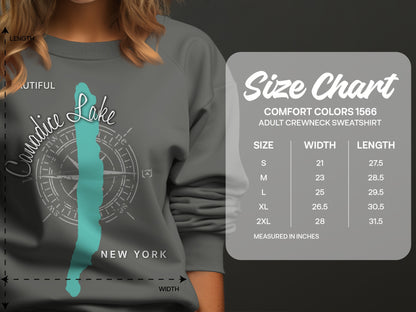 Canadice Lake graphic on a sweatshirt with a size chart.