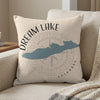 Pillow with "Dream Lake Colorado" text, a blue lake outline, and compass graphic.