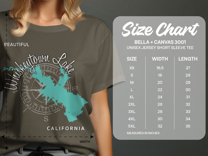 T-shirt size chart for Bella + Canvas 3001 unisex tee, showing width and length measurements.