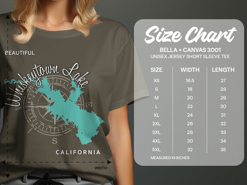 T-shirt size chart for Bella + Canvas 3001 unisex tee, showing width and length measurements.