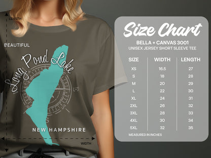 T-shirt size chart showing measurements for a Long Pond Lake, New Hampshire graphic tee.
