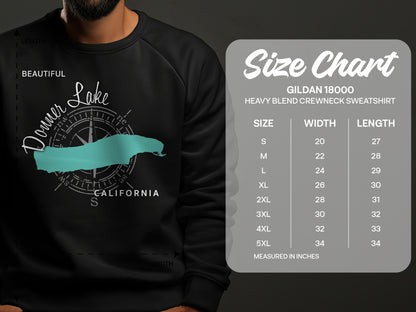Donner Lake California graphic on a crewneck sweatshirt with size chart.