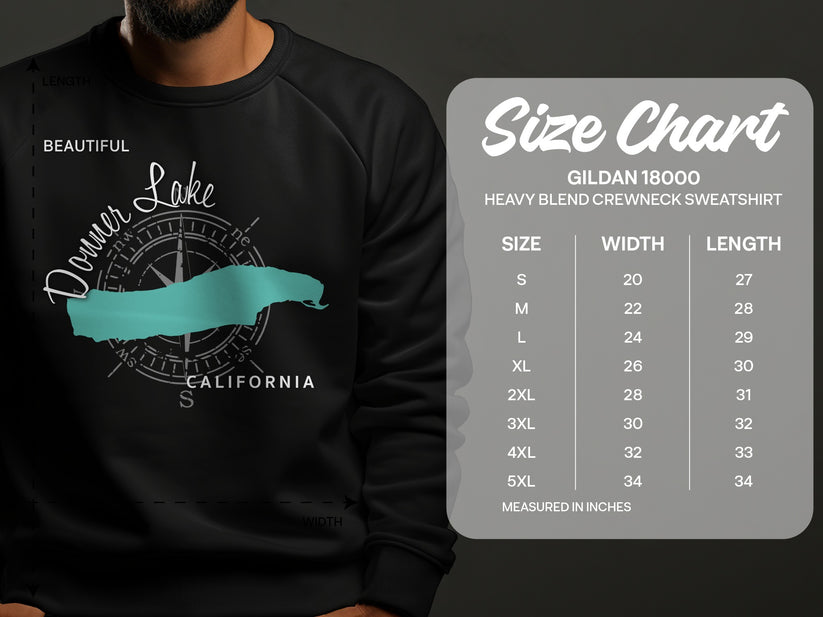 Donner Lake California graphic on a crewneck sweatshirt with size chart.