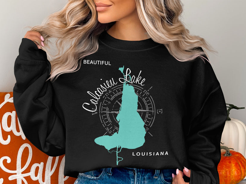 Black sweatshirt with "Beautiful Calcasieu Lake Louisiana" text and map outline.
