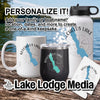 White mug, black tumbler, and white water bottle with Keechelus Lake design.