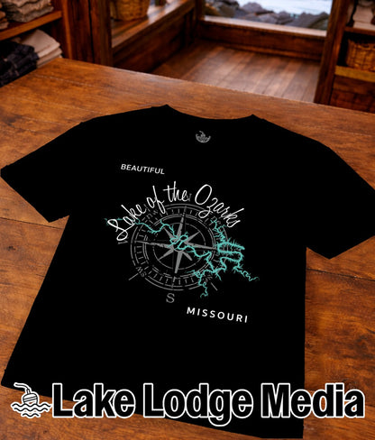 Black t-shirt with "Beautiful Lake of the Ozarks" compass design and "Missouri".