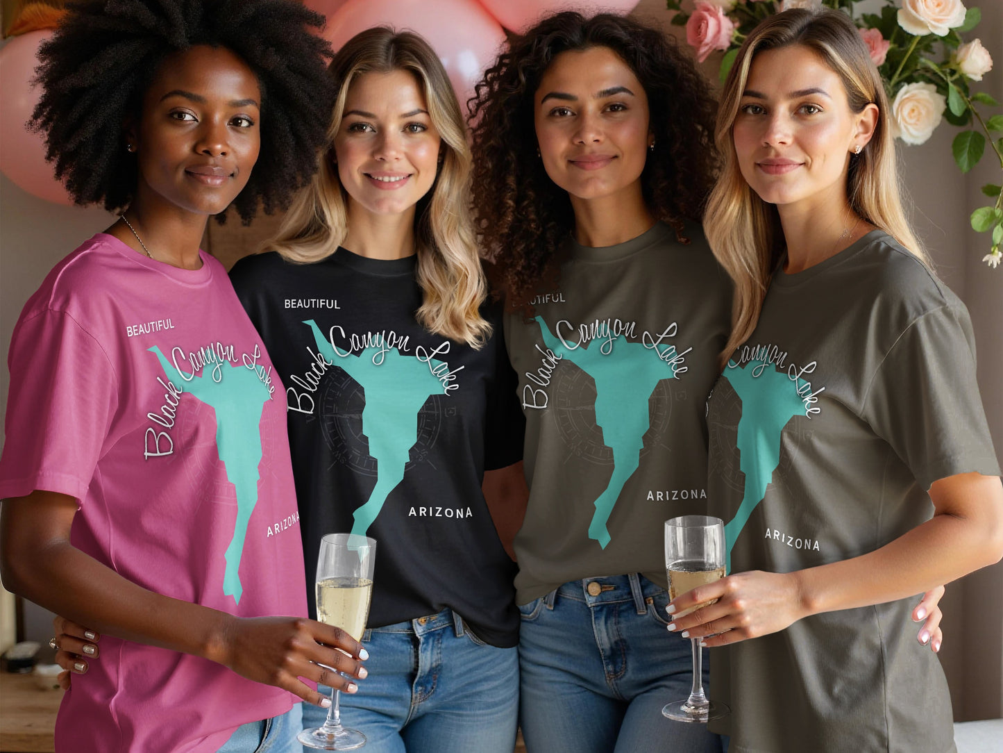 Four women wear t-shirts with "Beautiful Canyon Lake Arizona" and a teal map outline.