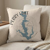 Pillow with blue Perry Lake map, compass rose, and Kansas text.